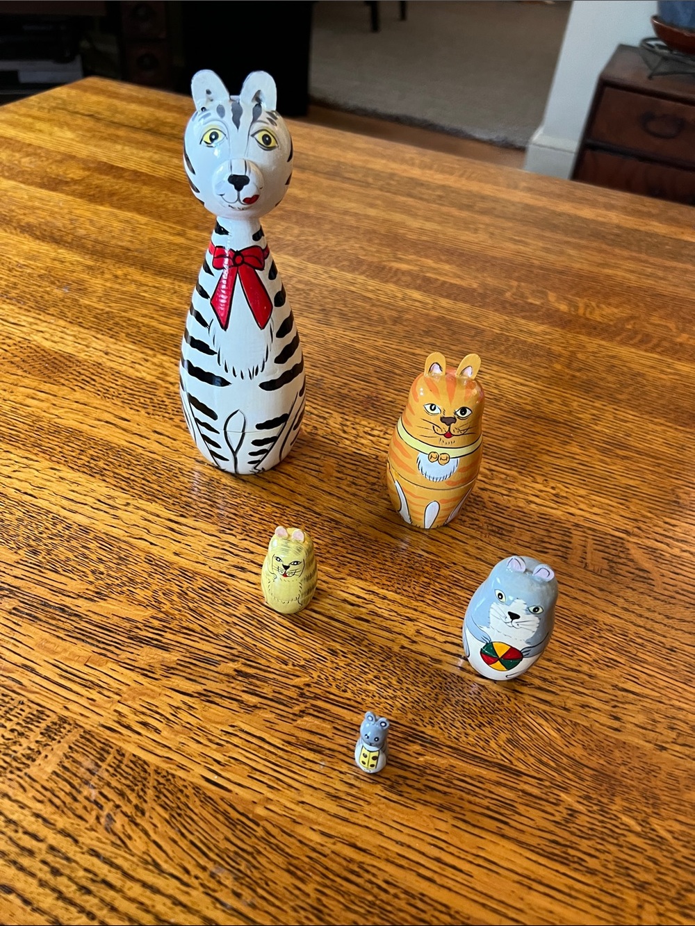 Hand-Painted Cat Nesting Dolls Set — White, Orange, Yellow, Blue